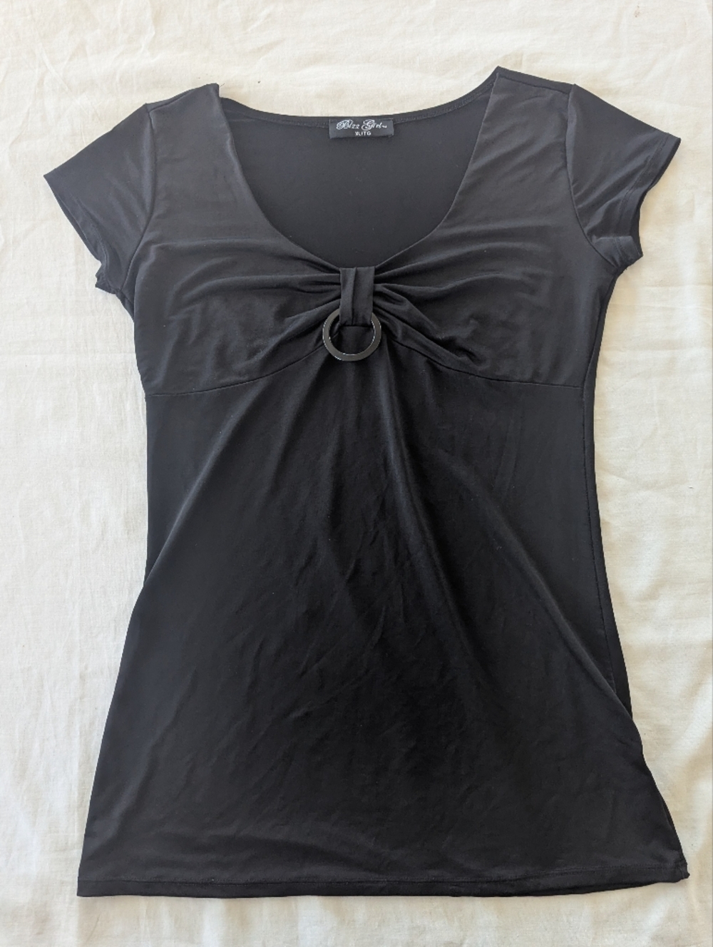 Black Knot-Front Short Sleeve Top with Ring Detail _ ptp Up to 20"
